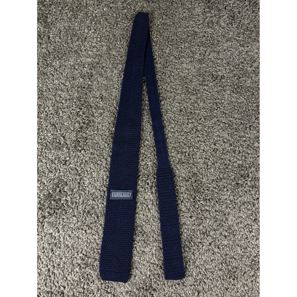 Lands End Mens Navy Blue Knit Tie Wool Mohair Blend Square Bottom 54 Inch